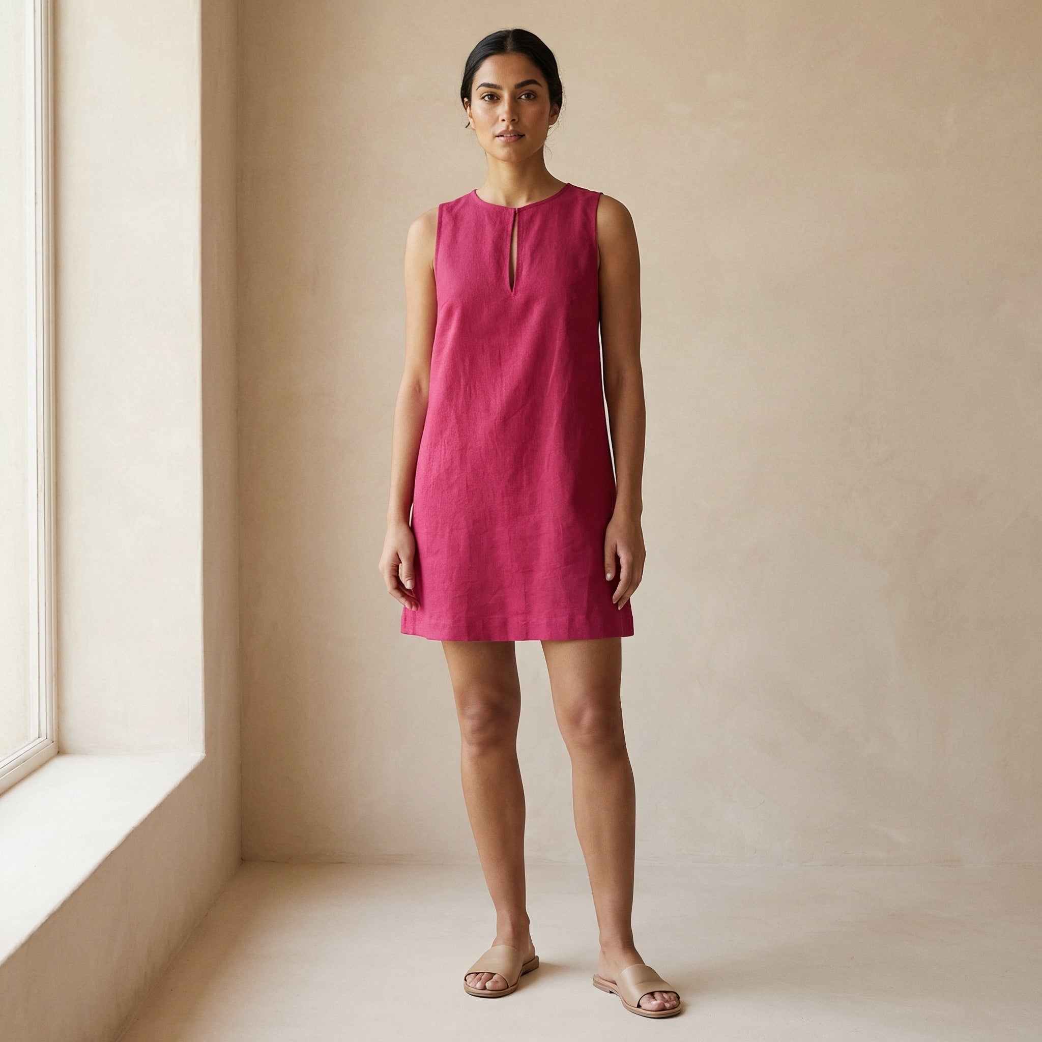Pink Cotton Poplin Sleeveless A-Line Short Shift Dress