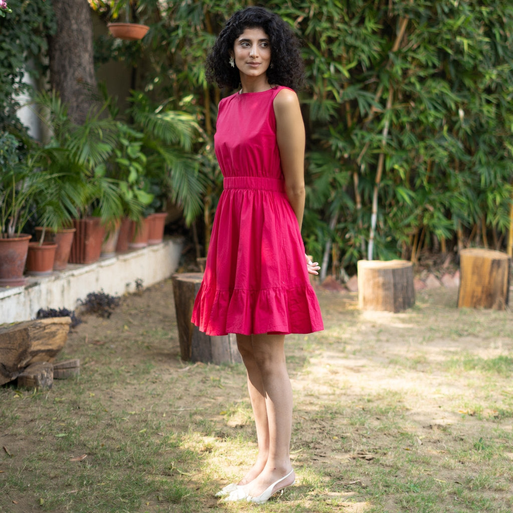 Pink Cotton Poplin Sleeveless Gathered Short Dress