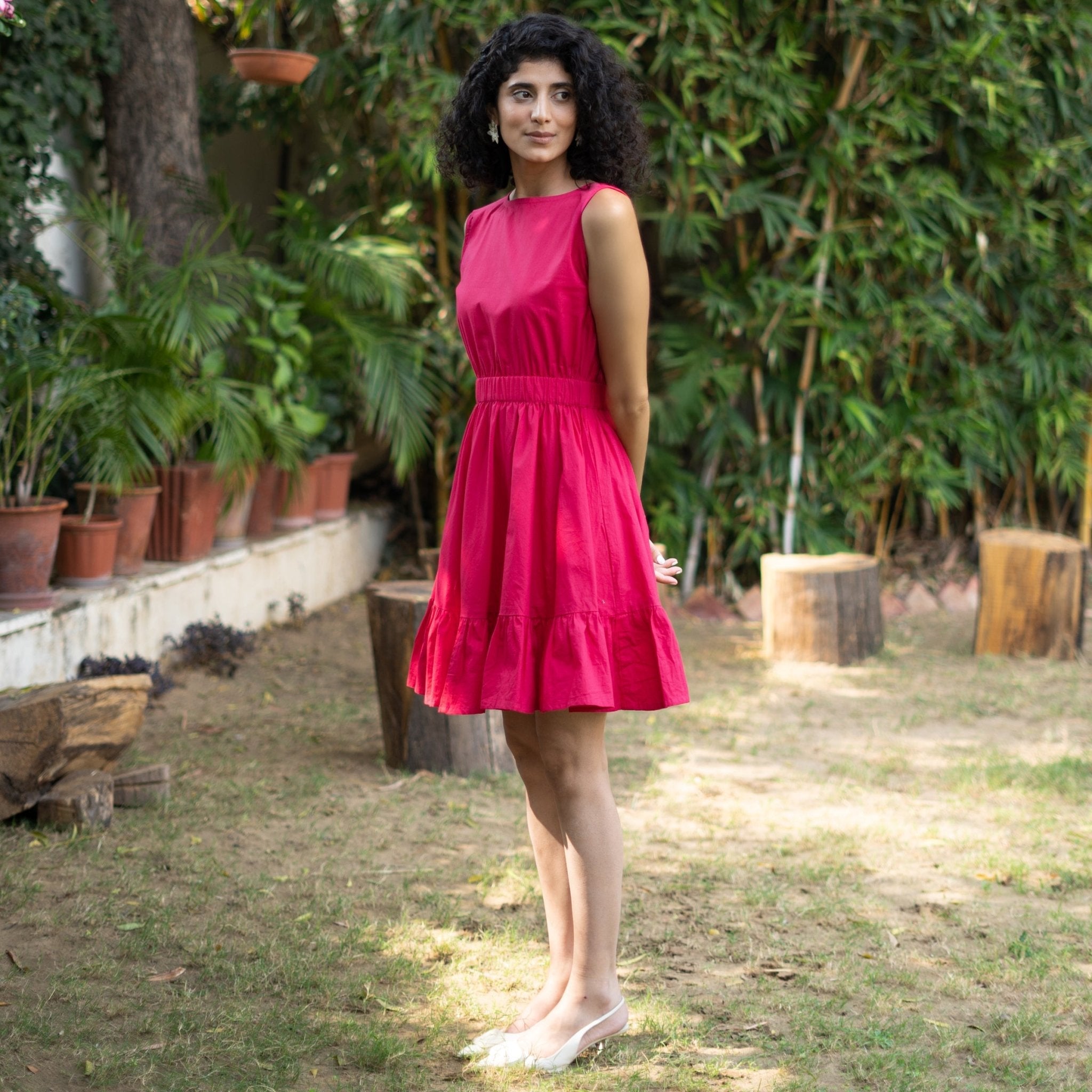 Pink Cotton Poplin Sleeveless Gathered Short Dress
