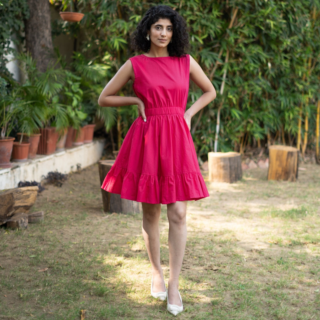 Pink Cotton Poplin Sleeveless Gathered Short Dress