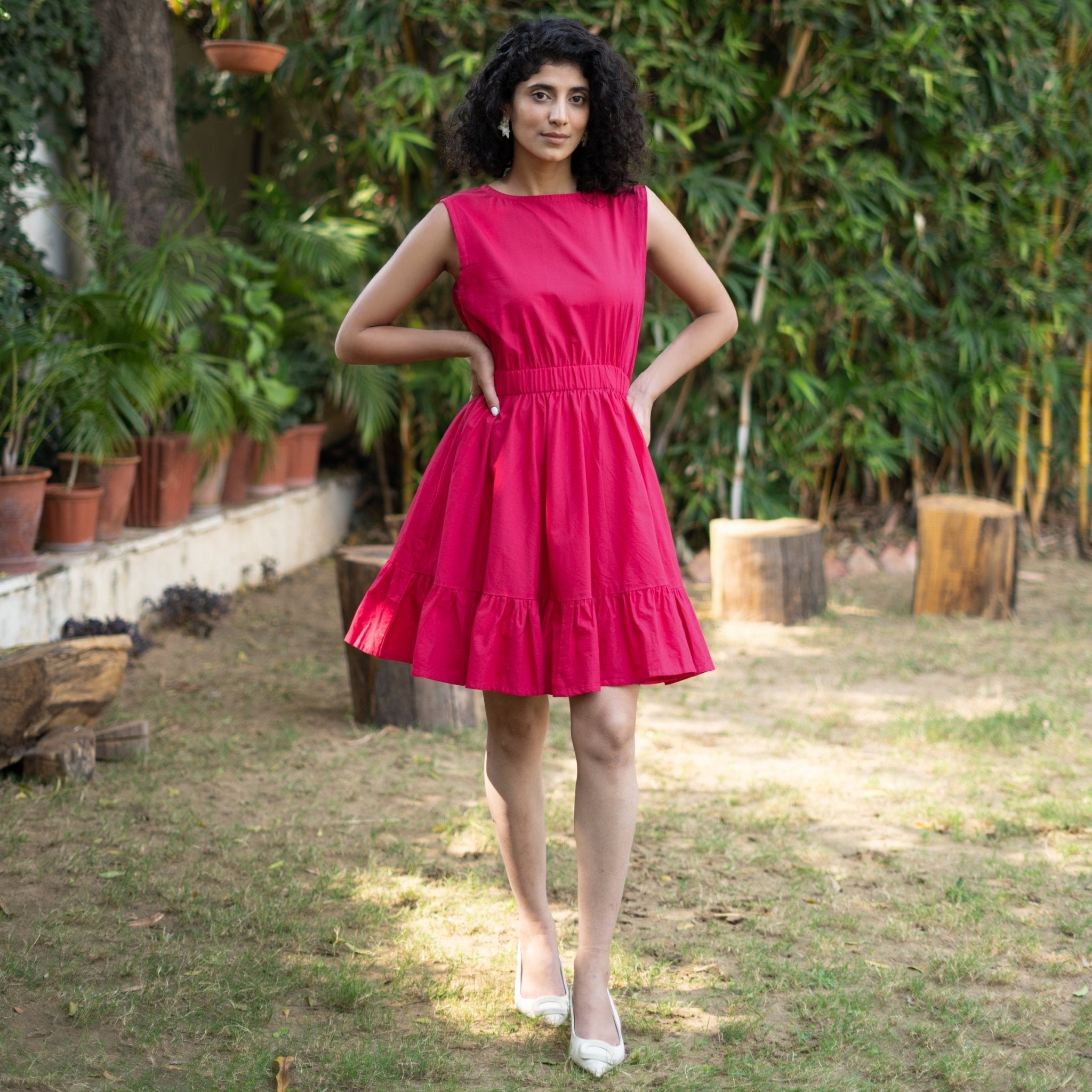 Pink Cotton Poplin Sleeveless Gathered Short Dress