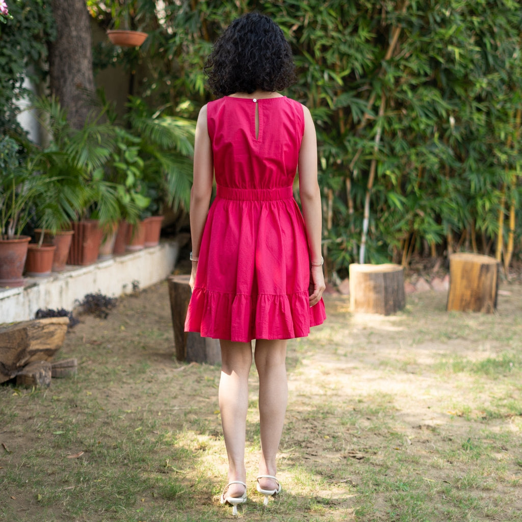 Pink Cotton Poplin Sleeveless Gathered Short Dress