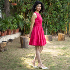 Pink Cotton Poplin Sleeveless Gathered Short Dress