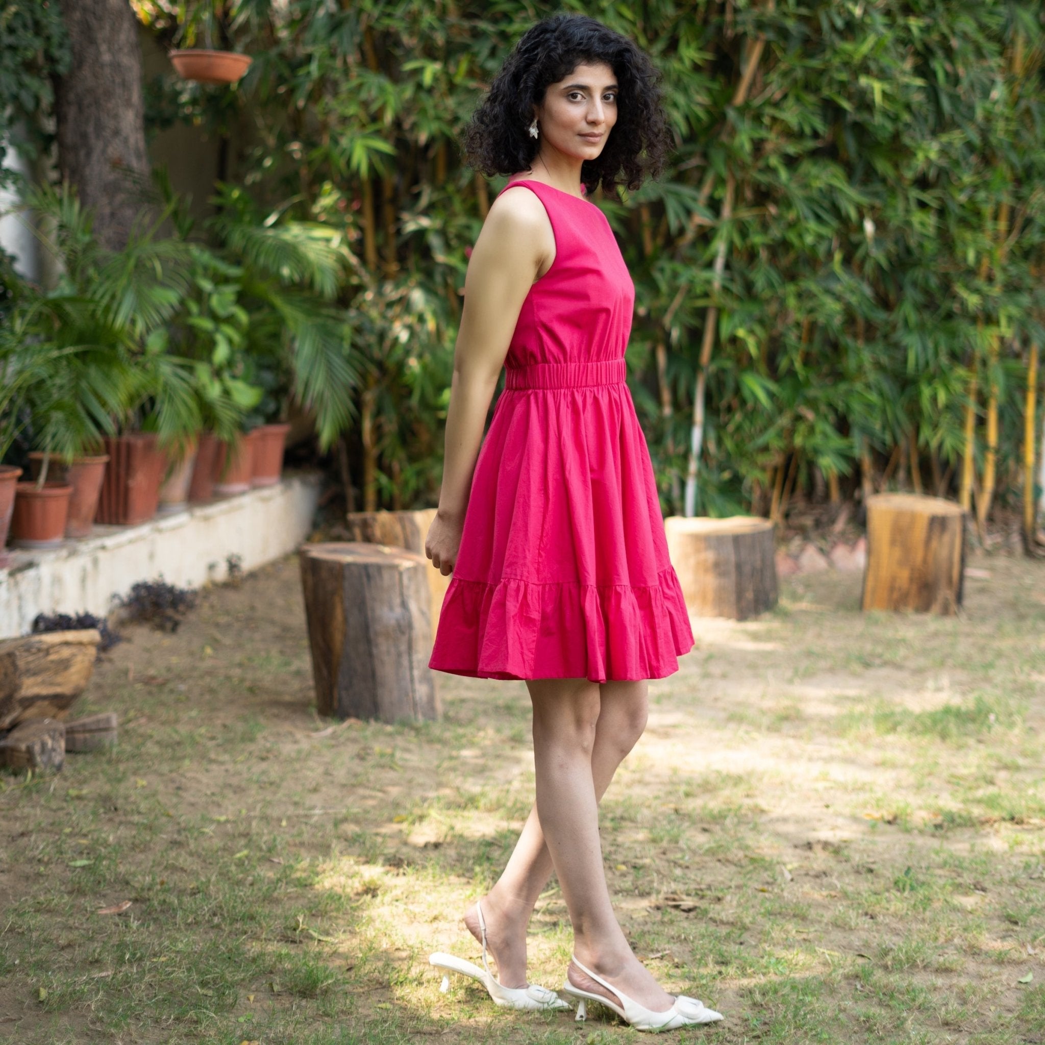 Pink Cotton Poplin Sleeveless Gathered Short Dress
