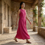 Pink Cotton Poplin Sleeveless Paneled Maxi Dress