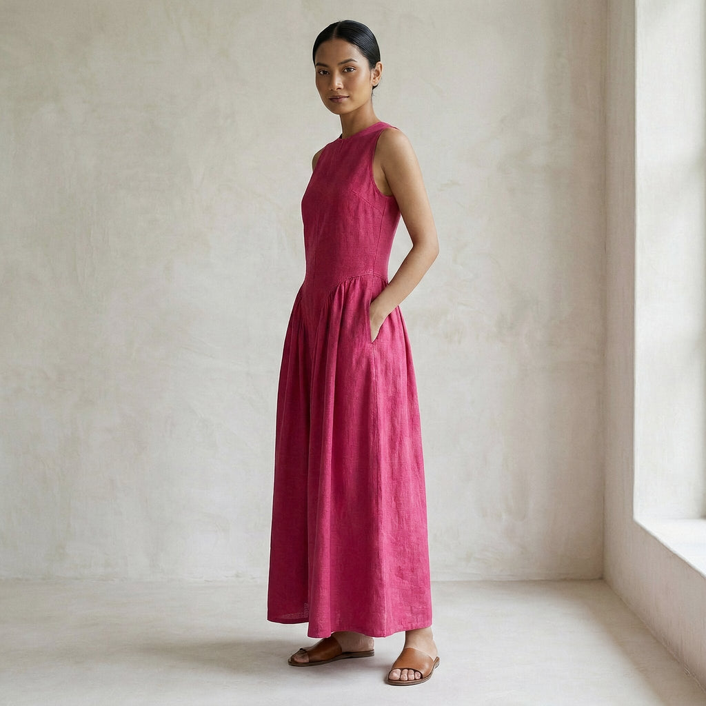 Pink Cotton Poplin Sleeveless Paneled Maxi Dress