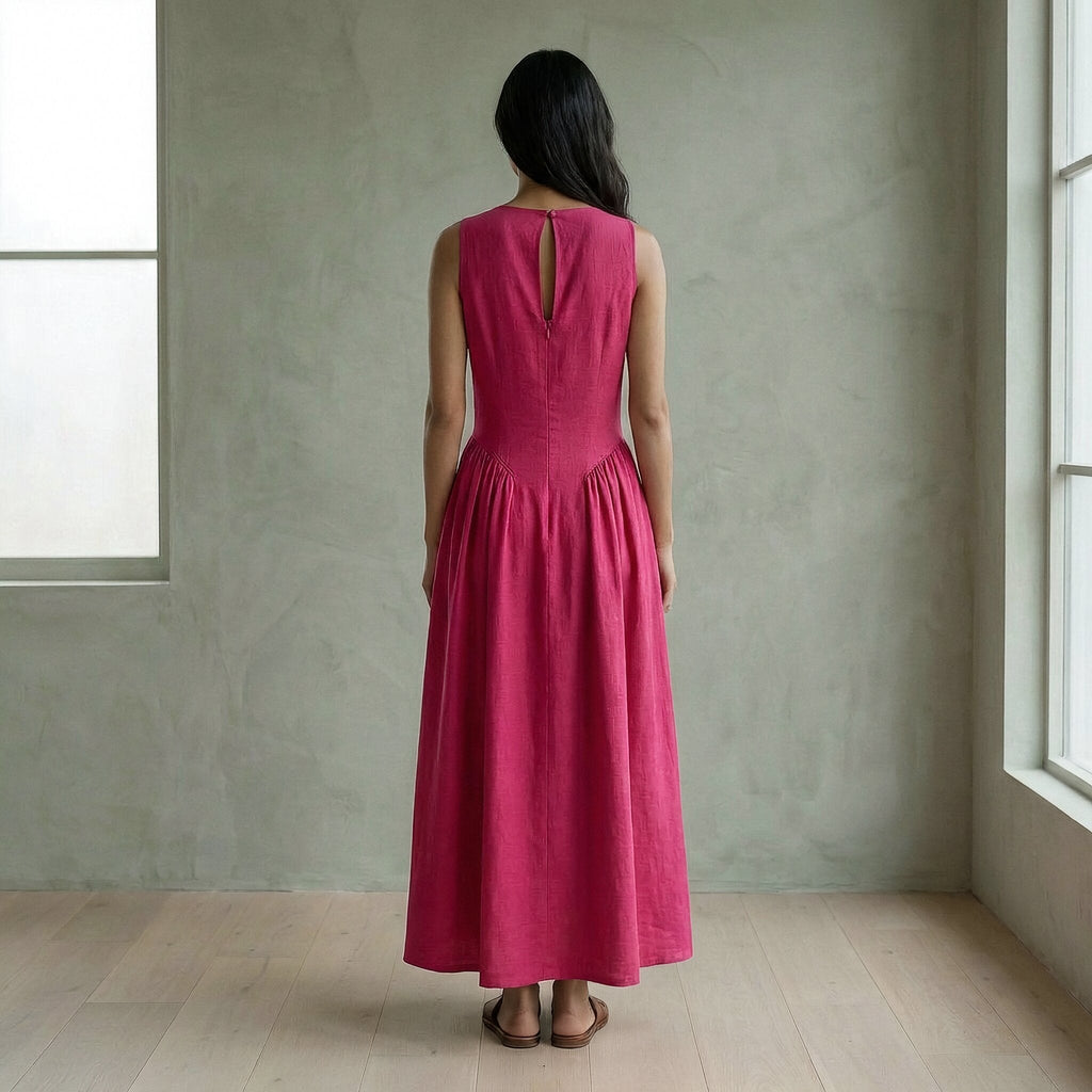 Pink Cotton Poplin Sleeveless Paneled Maxi Dress