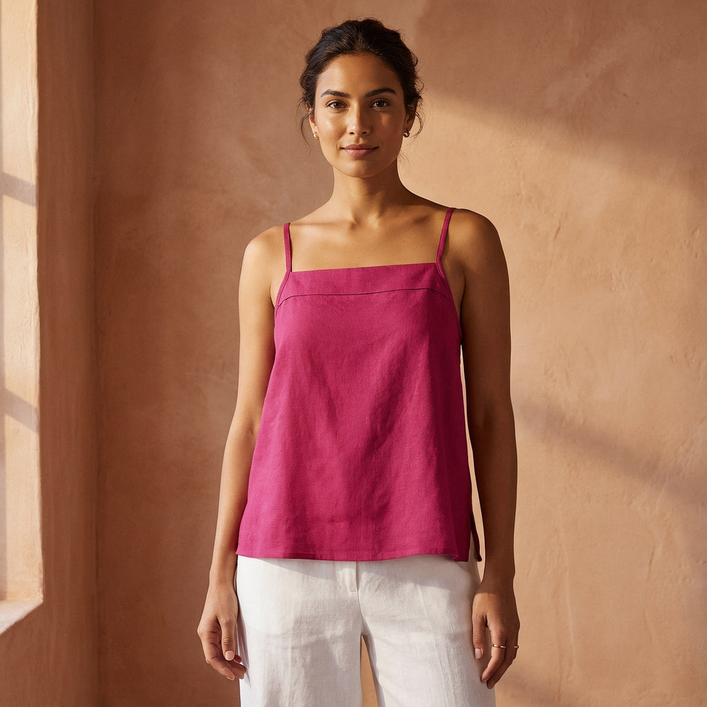Pink Cotton Poplin Spaghetti Strap Top with Elastic Gathered Back