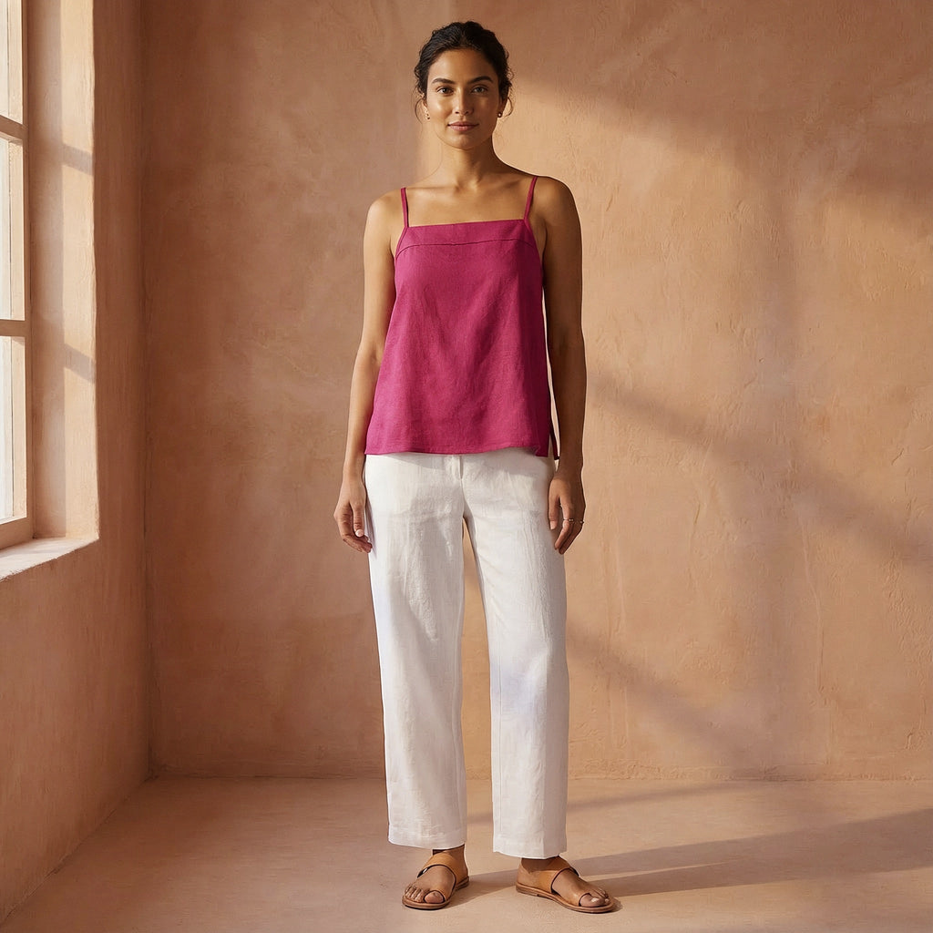 Pink Cotton Poplin Spaghetti Strap Top with Elastic Gathered Back
