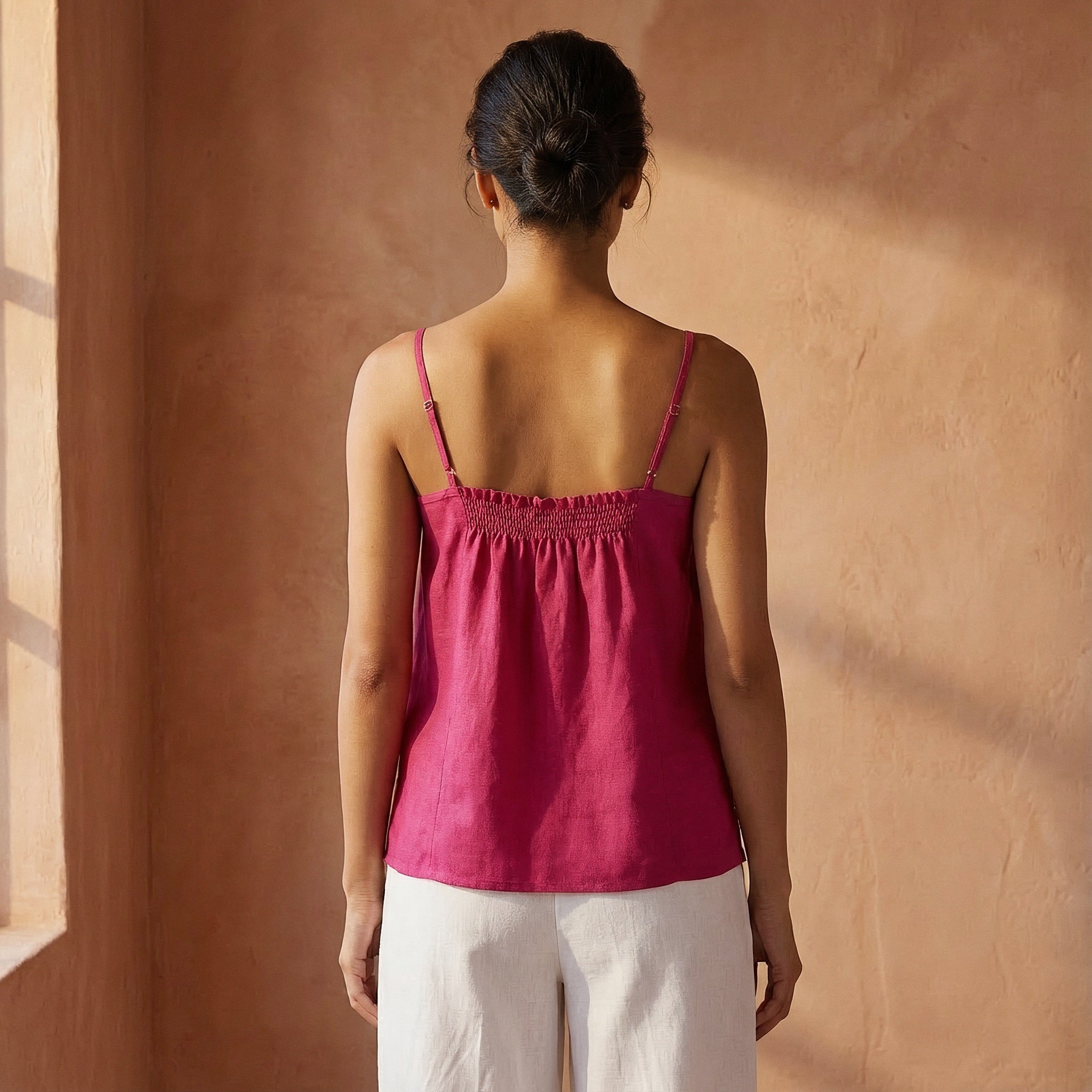 Pink Cotton Poplin Spaghetti Strap Top with Elastic Gathered Back