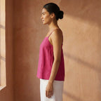 Pink Cotton Poplin Spaghetti Strap Top with Elastic Gathered Back