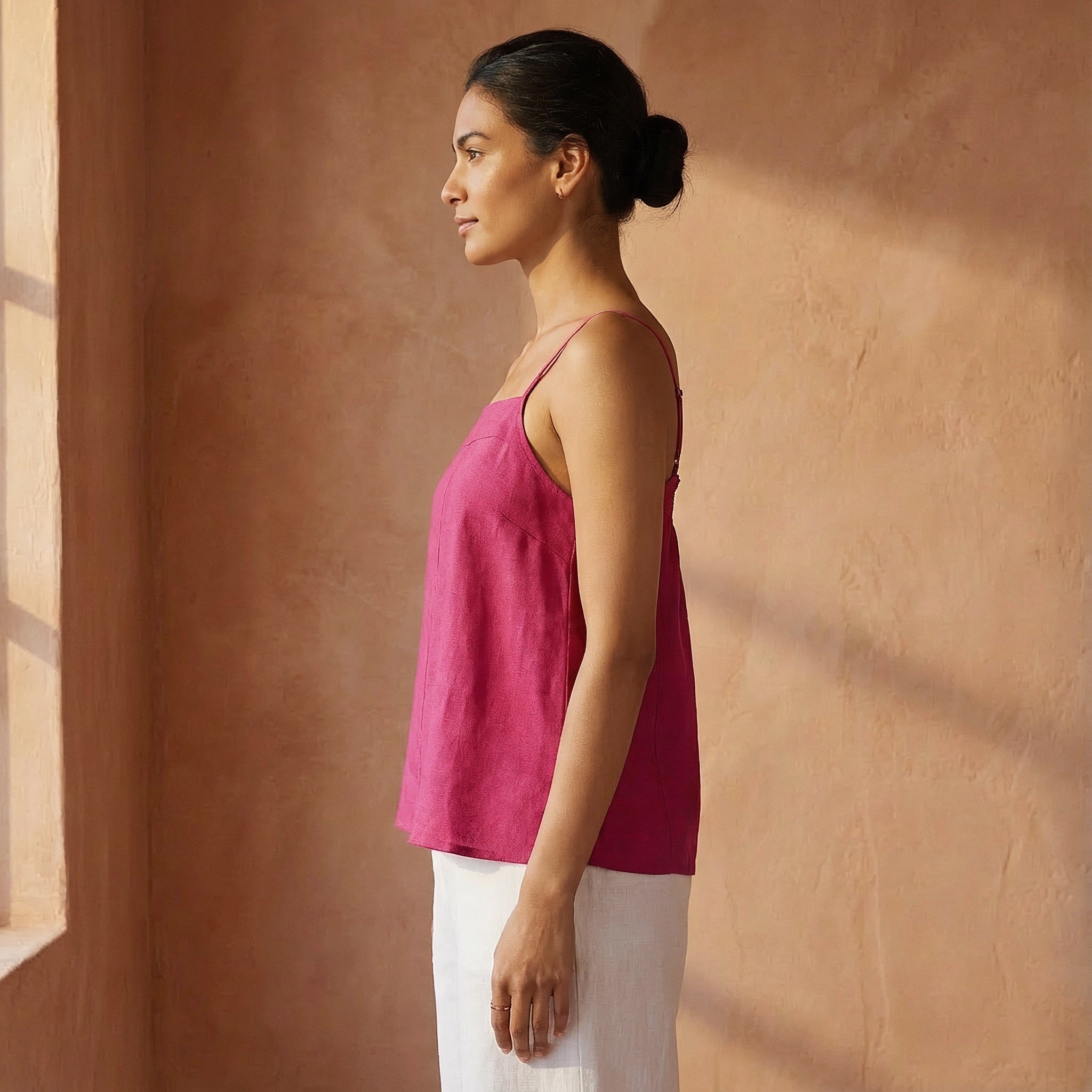 Pink Cotton Poplin Spaghetti Strap Top with Elastic Gathered Back