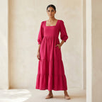 Pink Cotton Poplin Square Neck Tiered Midi Dress