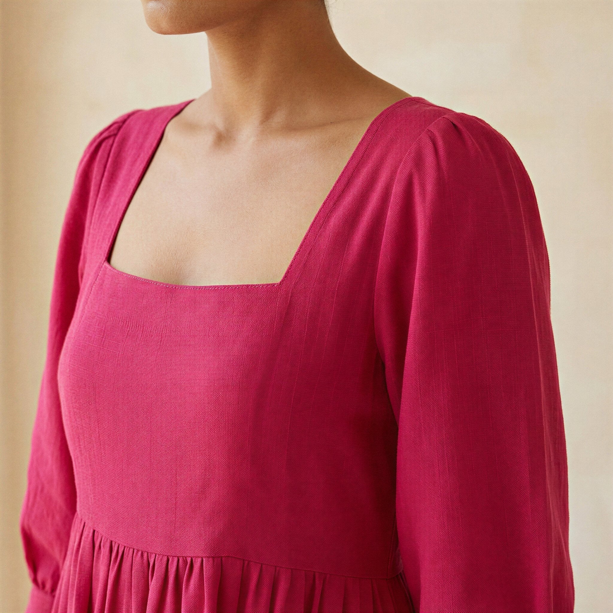 Pink Cotton Poplin Square Neck Tiered Midi Dress