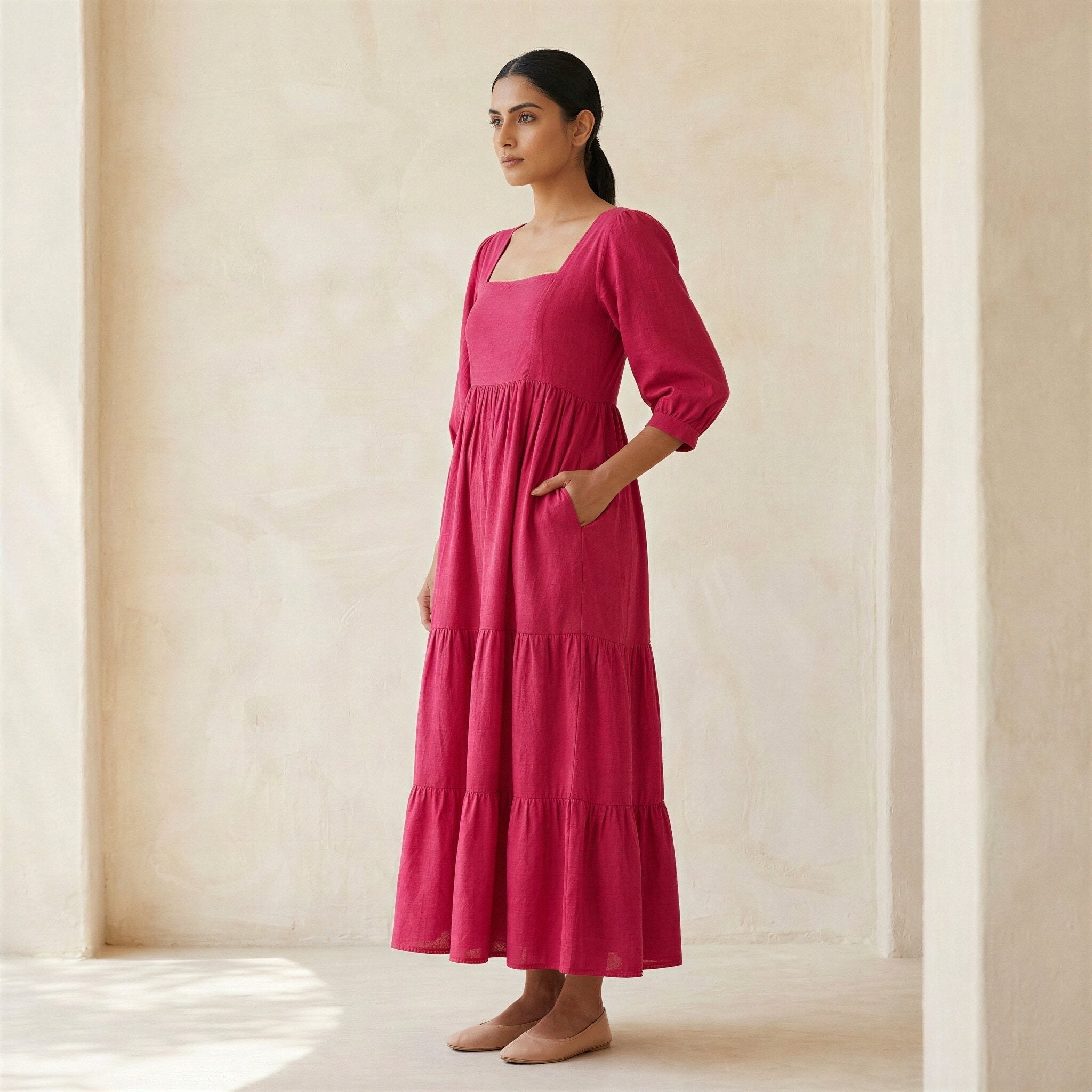 Pink Cotton Poplin Square Neck Tiered Midi Dress