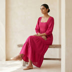 Pink Cotton Poplin Square Neck Tiered Midi Dress