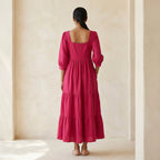 Pink Cotton Poplin Square Neck Tiered Midi Dress