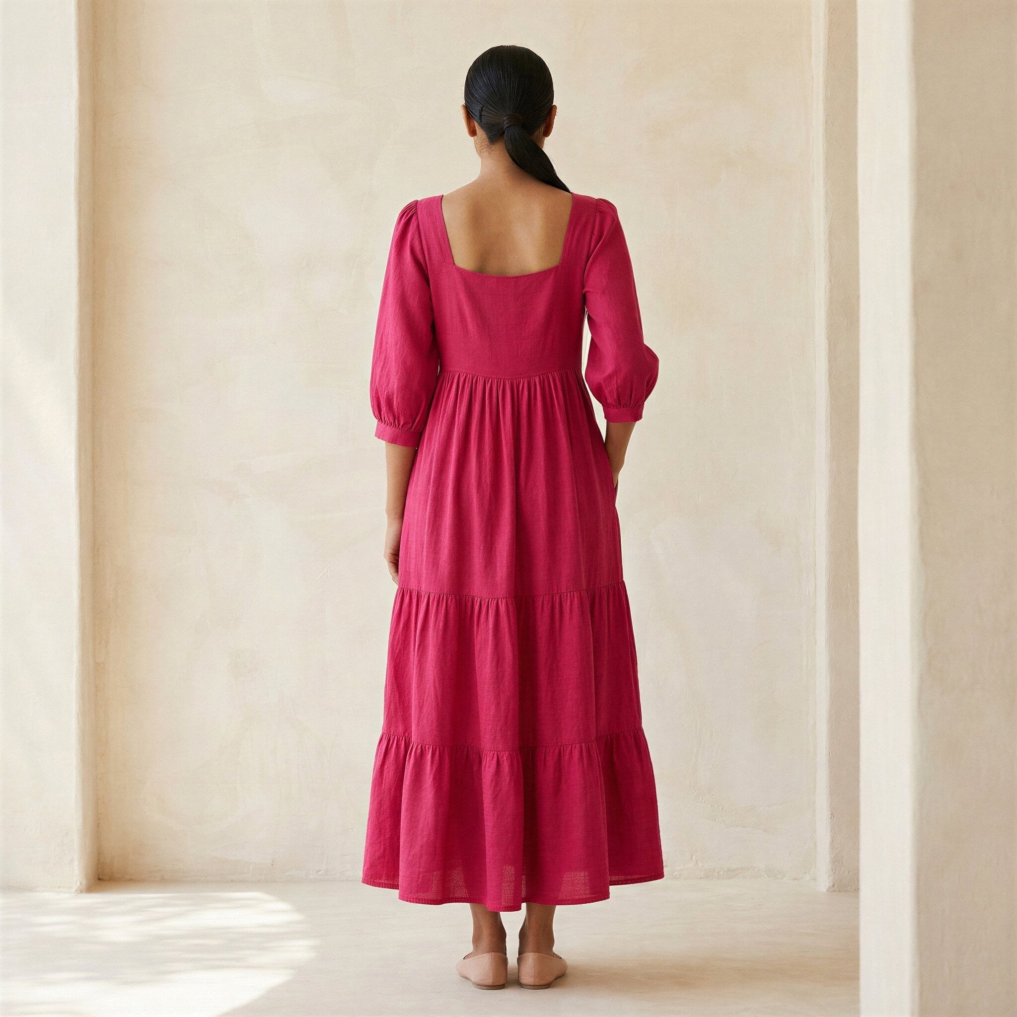 Pink Cotton Poplin Square Neck Tiered Midi Dress