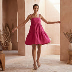 Pink Cotton Poplin Tie-Strap Tiered Short Sundress