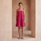 Pink Cotton Poplin Tie-Strap Tiered Short Sundress
