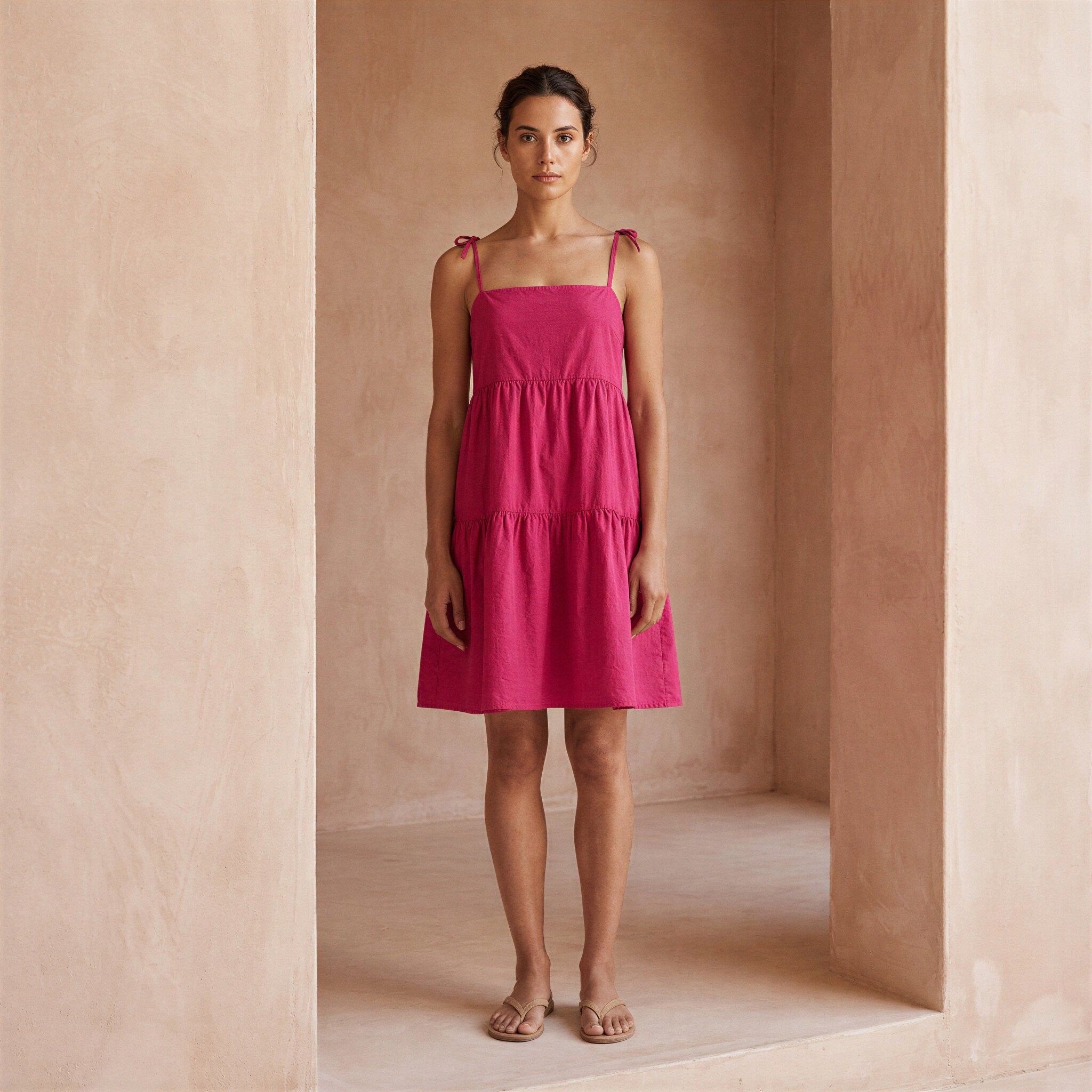 Pink Cotton Poplin Tie-Strap Tiered Short Sundress