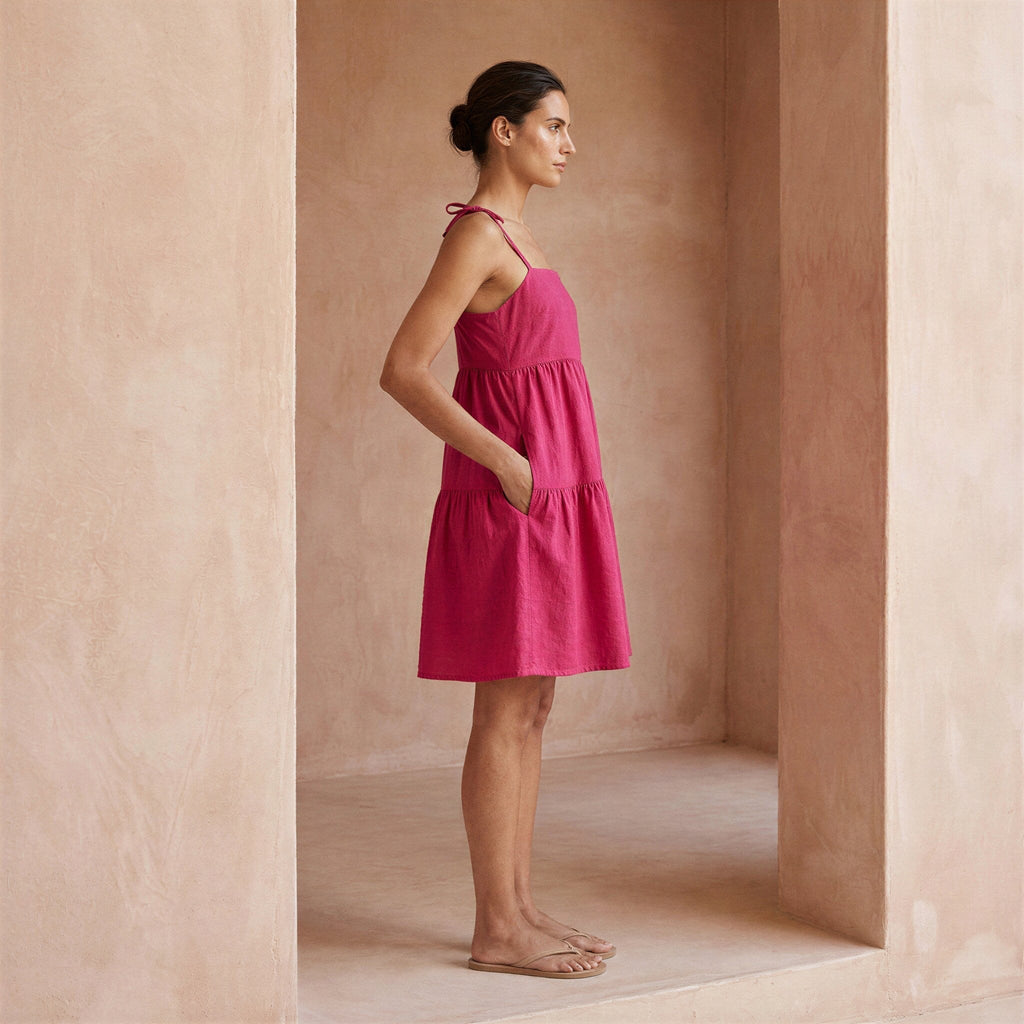 Pink Cotton Poplin Tie-Strap Tiered Short Sundress