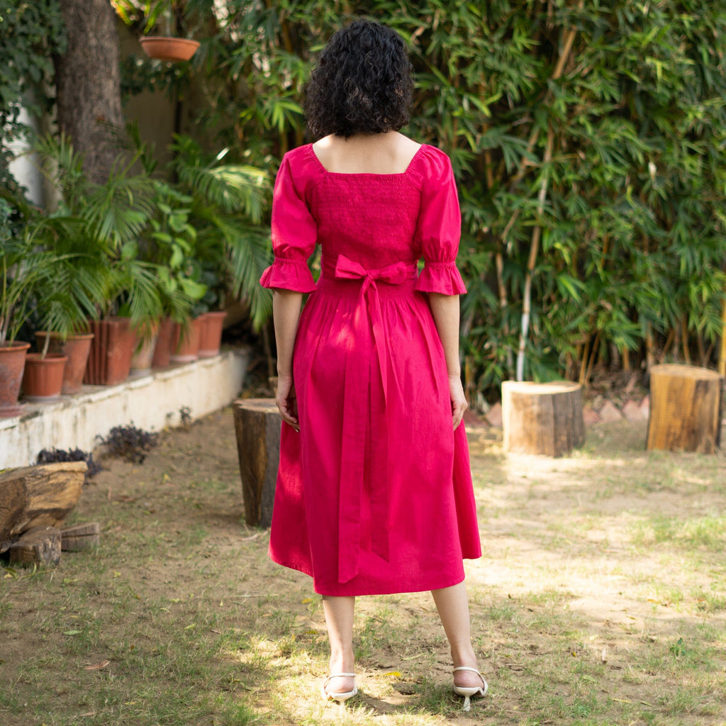 Pink Cotton Poplin V-Neck Gathered Midi Wrap Dress