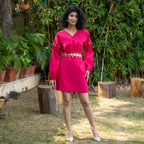 Pink Cotton Poplin V-Neck Infinity Short Dress