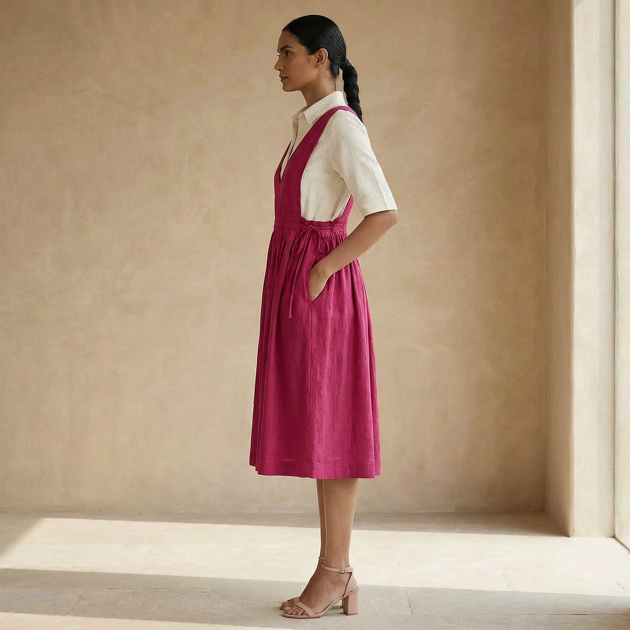 Pink Cotton Poplin V-Neck Pinafore Midi Wrap Dress