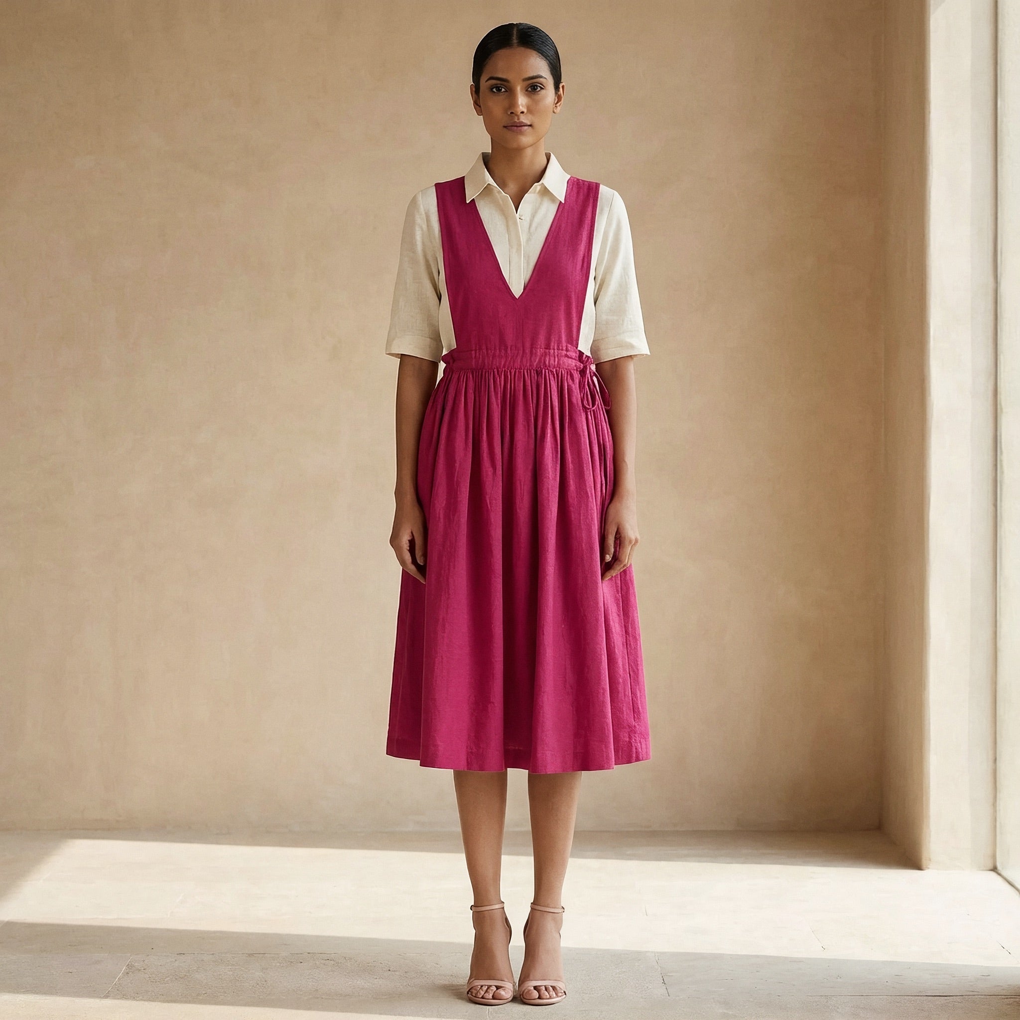 Pink Cotton Poplin V-Neck Pinafore Midi Wrap Dress