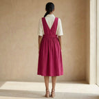 Pink Cotton Poplin V-Neck Pinafore Midi Wrap Dress