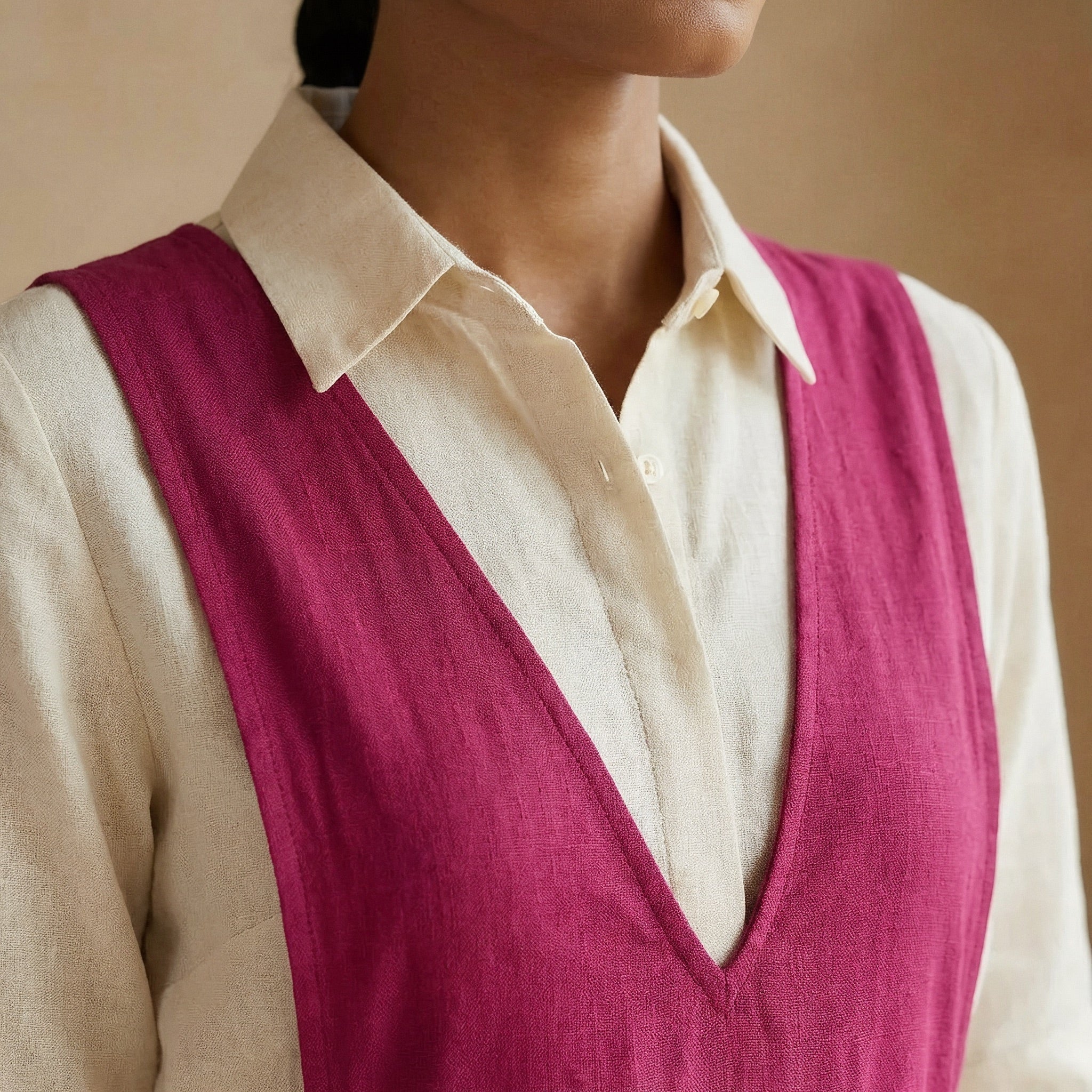 Pink Cotton Poplin V-Neck Pinafore Midi Wrap Dress