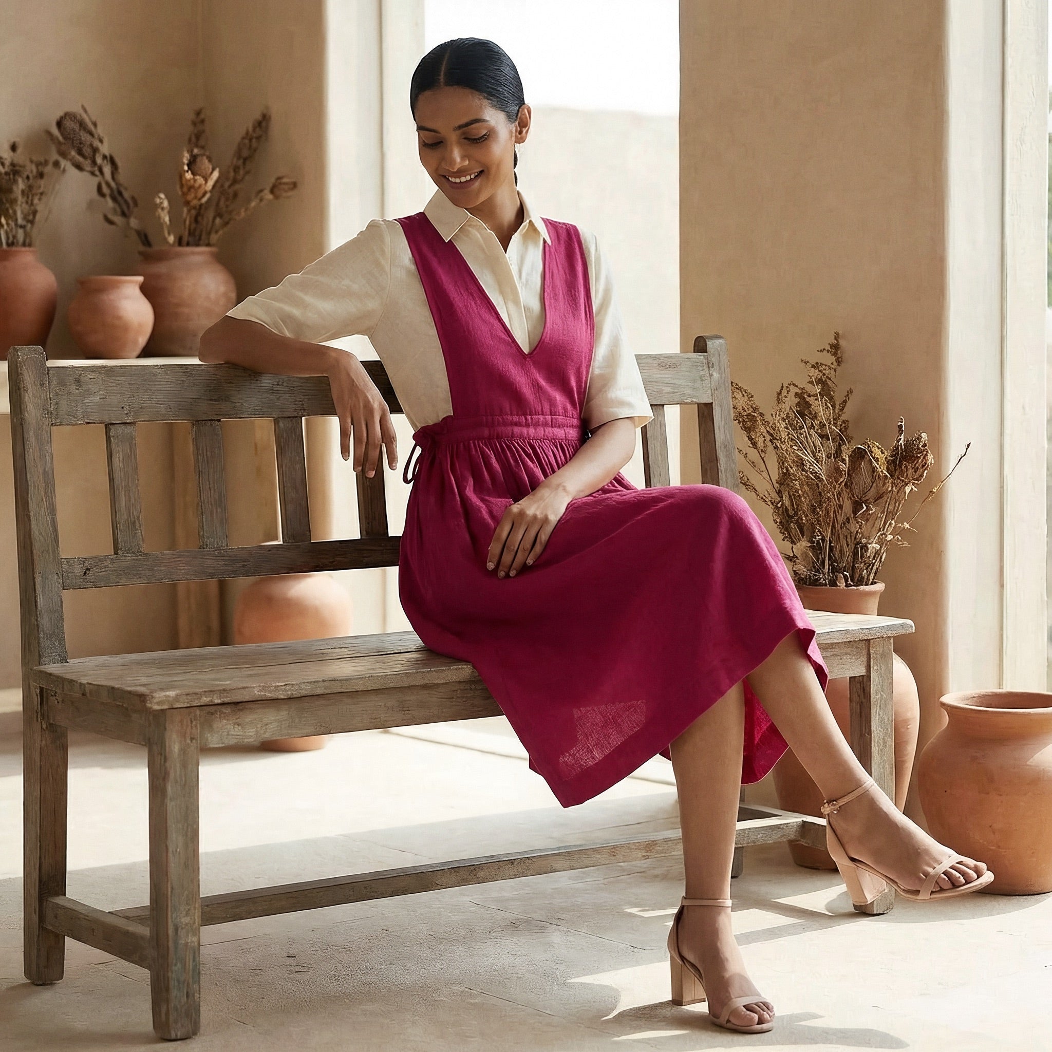 Pink Cotton Poplin V-Neck Pinafore Midi Wrap Dress