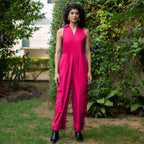 Pink Cotton Poplin V-Neck Sleeveless Cargo Jumpsuit