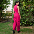 Pink Cotton Poplin V-Neck Sleeveless Cargo Jumpsuit