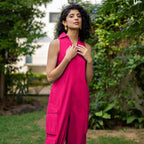 Pink Cotton Poplin V-Neck Sleeveless Cargo Jumpsuit