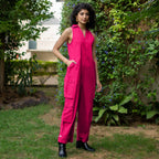 Pink Cotton Poplin V-Neck Sleeveless Cargo Jumpsuit