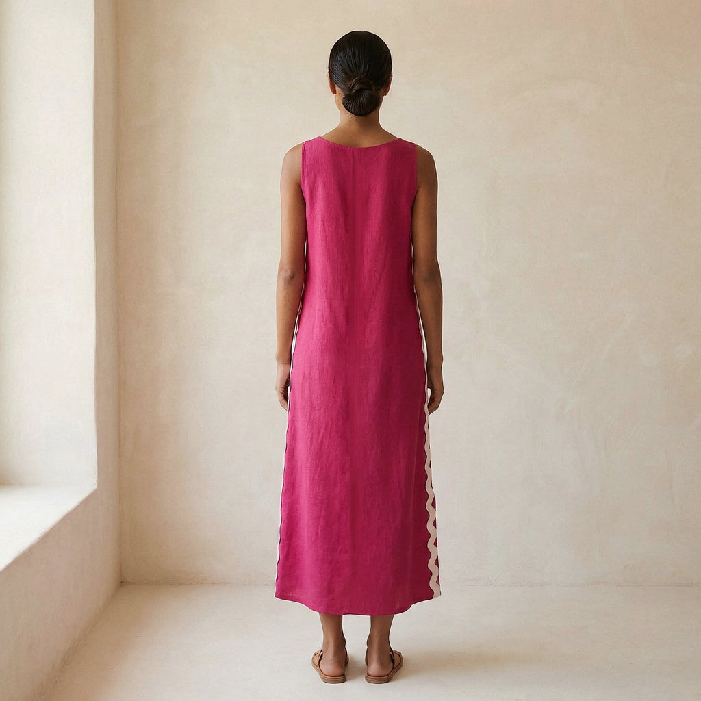 Pink Cotton Poplin Wavy Stripe Maxi Shift Dress