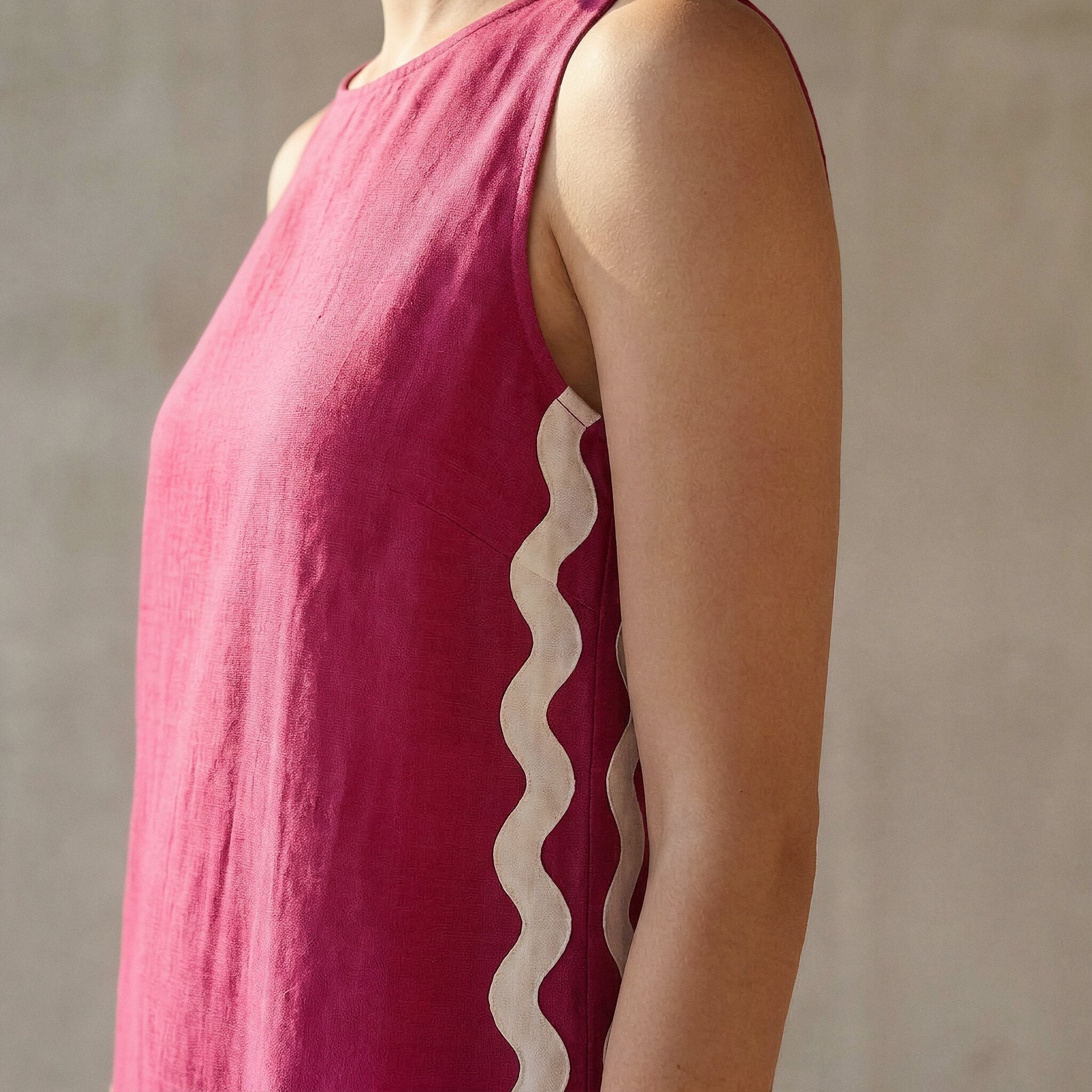 Pink Cotton Poplin Wavy Stripe Short Shift Dress