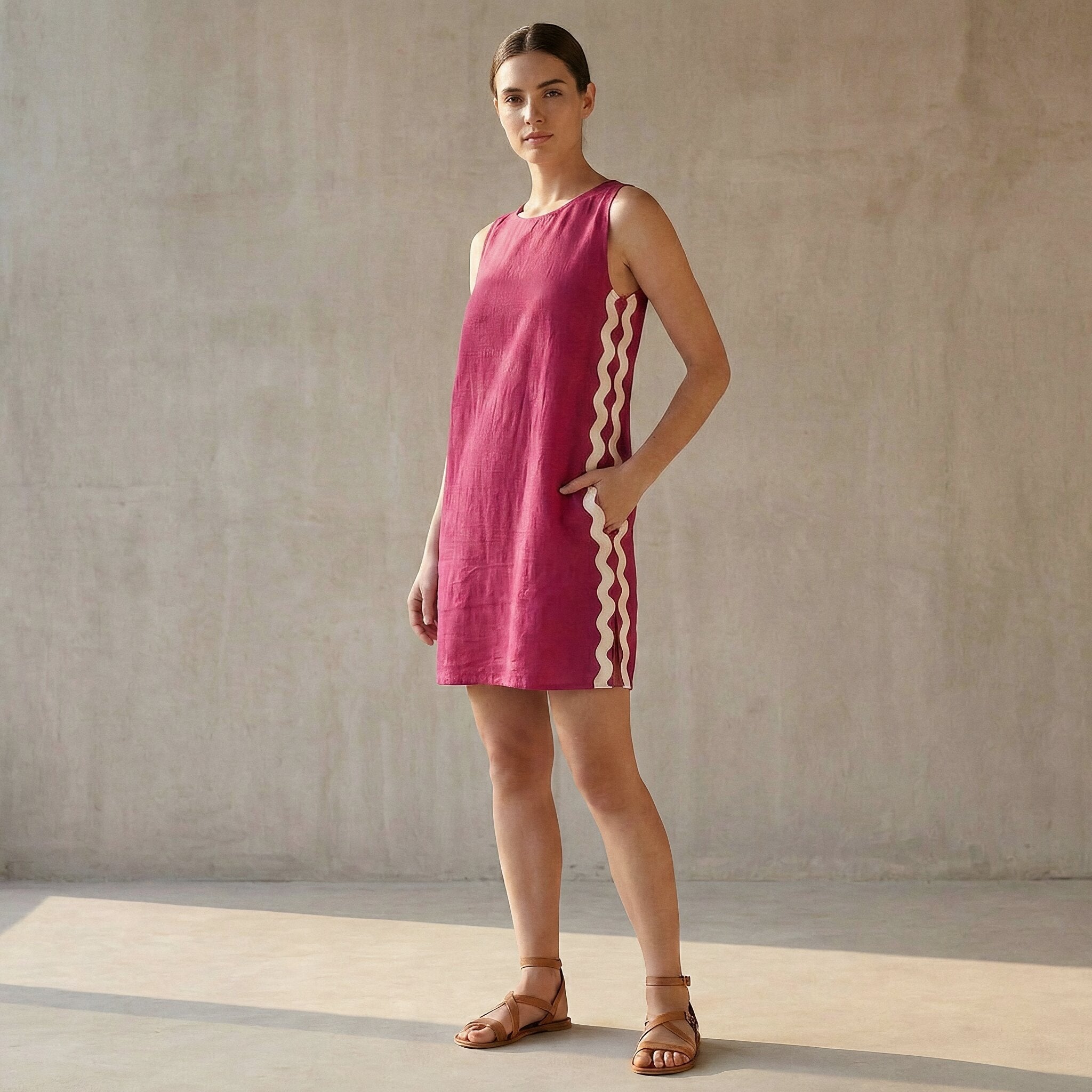 Pink Cotton Poplin Wavy Stripe Short Shift Dress
