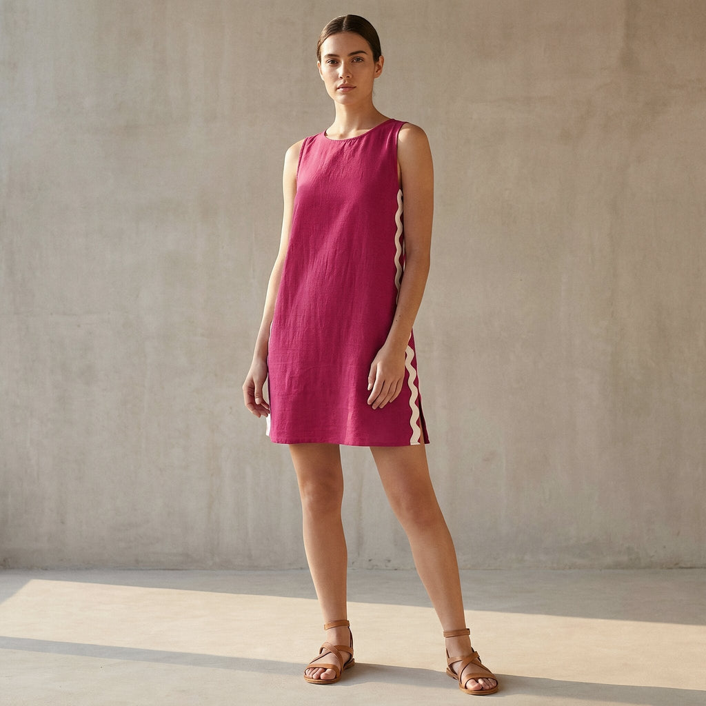 Pink Cotton Poplin Wavy Stripe Short Shift Dress