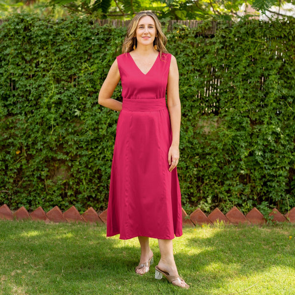 Pink Cotton V-Neck Sleeveless Maxi Dress