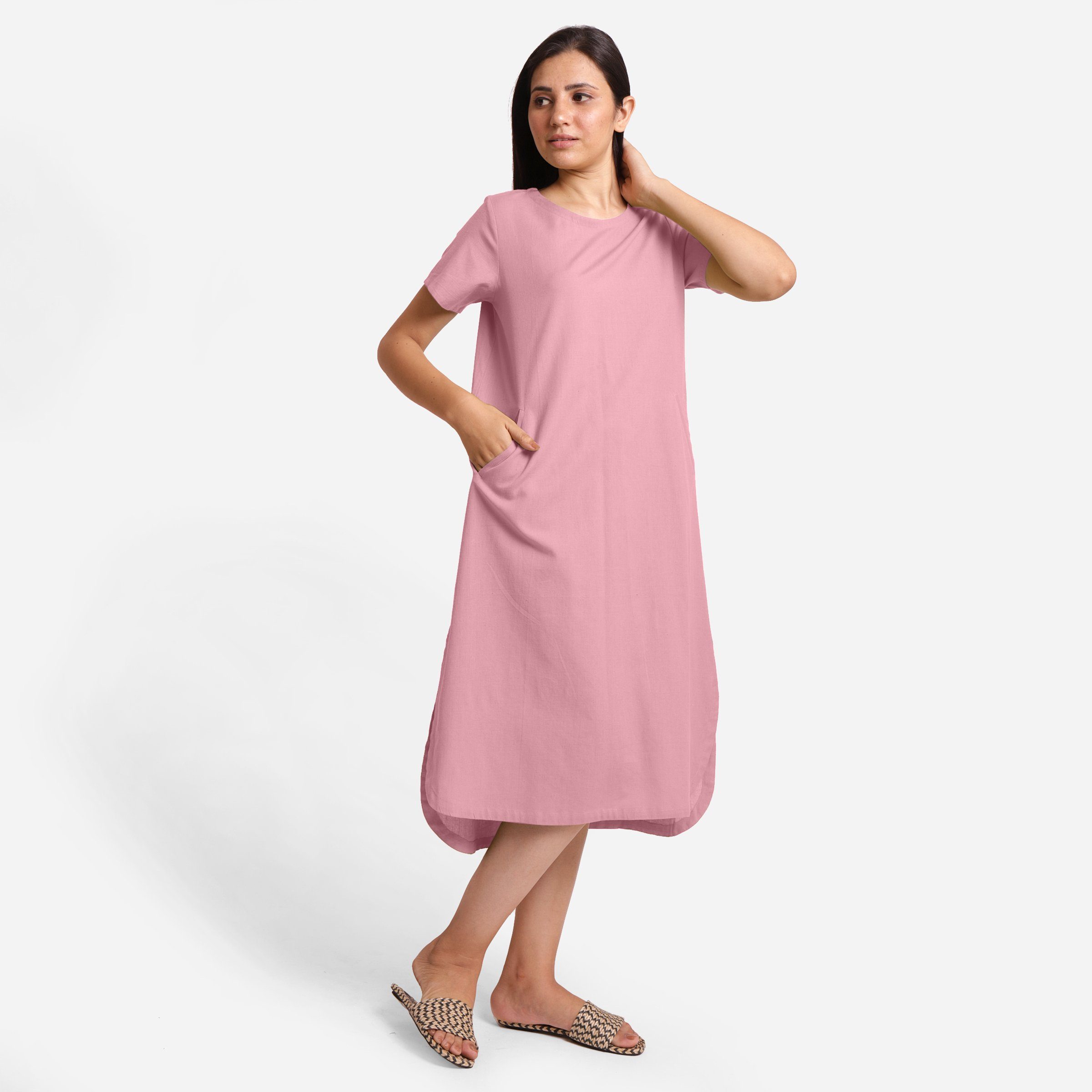 Front View of a Model wearing Pink Cotton Welt Pocket Shift Dress