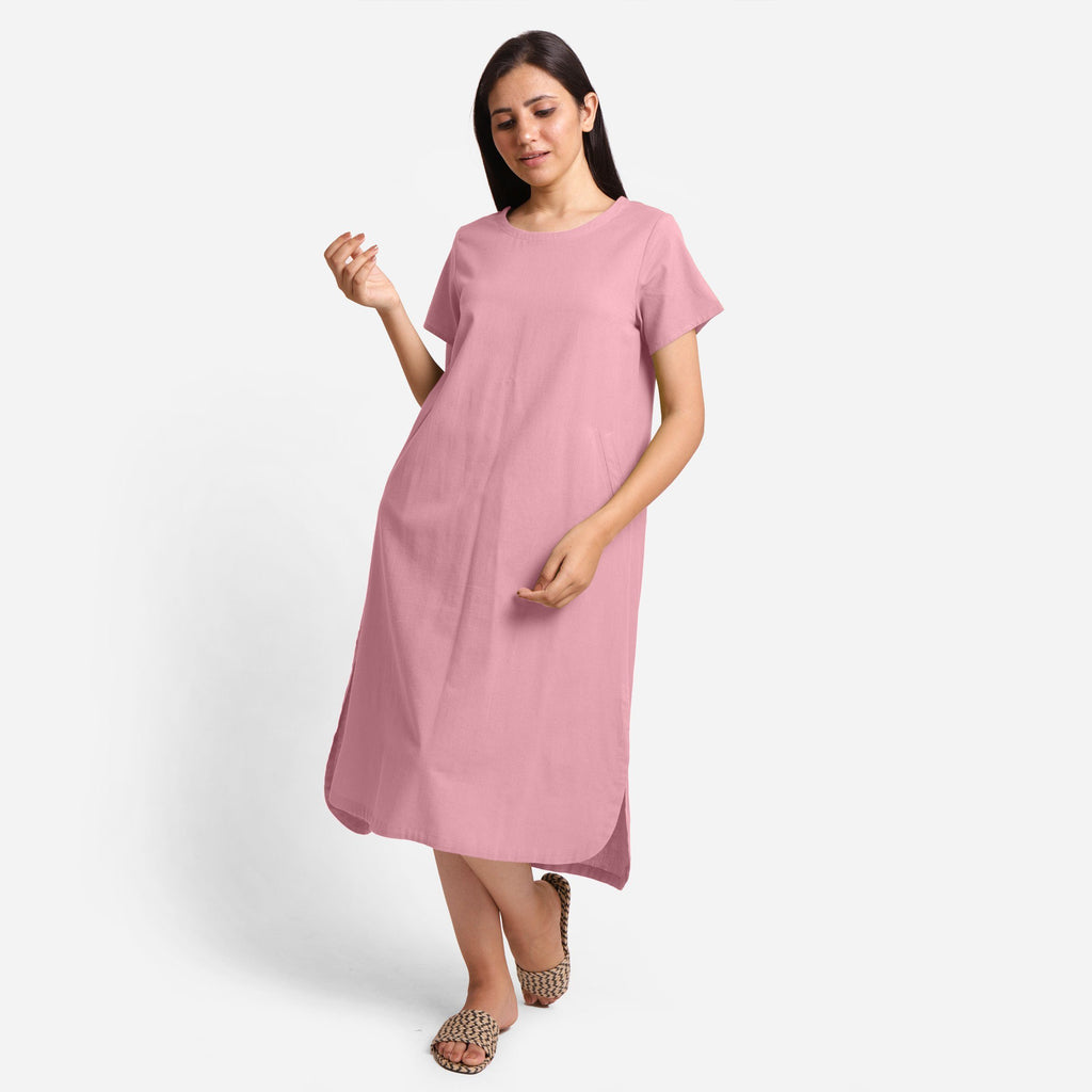 Front View of a Model wearing Pink Cotton Welt Pocket Shift Dress