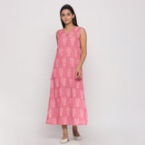 Front View of a Model wearing Pink Floral Dabu Block Print Cotton Maxi Dress