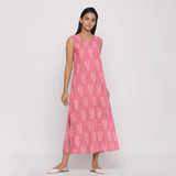 Right View of a Model wearing Pink Floral Dabu Block Print Cotton Maxi Dress