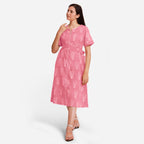 Front View of a Model wearing Pink Dabu Block Printed Cotton Midi Dress