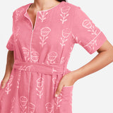 Front Detail of a Model wearing Pink Dabu Block Printed Cotton Midi Dress