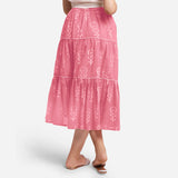 Back View of a Model wearing Pink Dabu Floral Block Printed Cotton Maxi Skirt