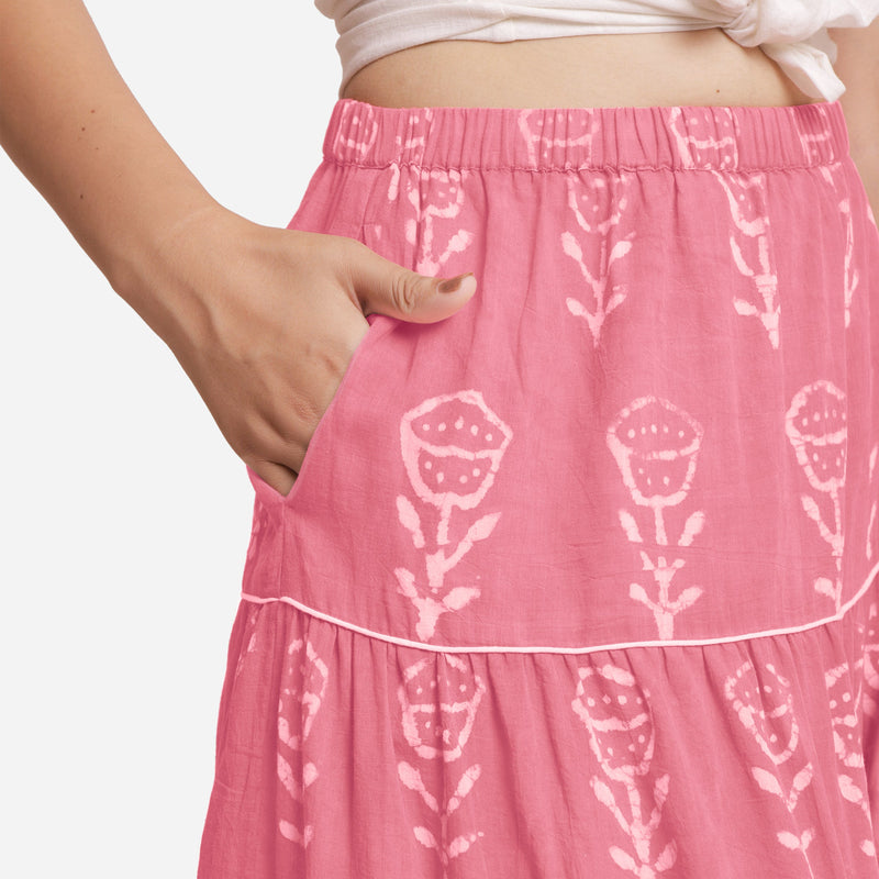 Front Detail of a Model wearing Pink Dabu Floral Block Printed Cotton Maxi Skirt